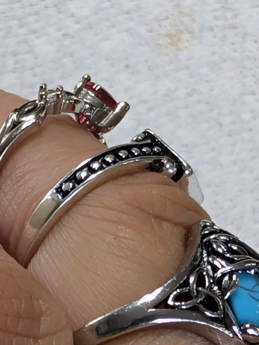Three Silver Turquoise Floral Ruby Size 7 Ring Bundle